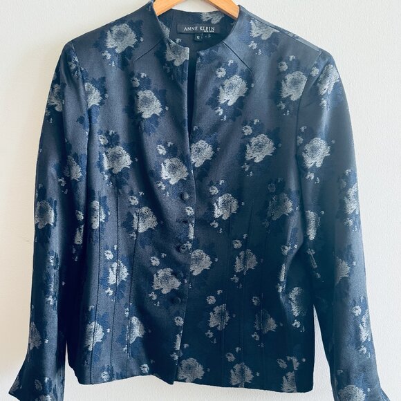 Anne Klein Navy Floral Jacquard Jacket — Size 12 - Picture 1 of 6